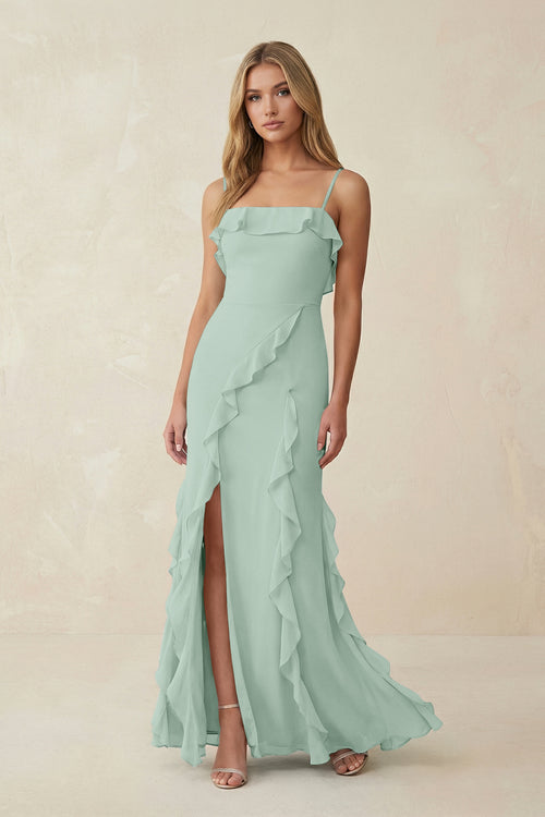 Sage Ruffled Cami Strap Chiffon Sheath Bridesmaid Dress | KISSBRIDAL