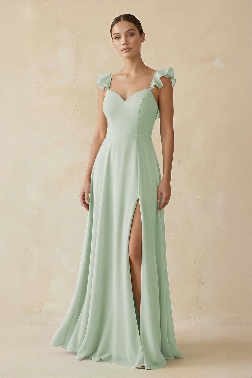 Ruffled Chiffon A-Line Long Bridesmaid Dress in Sage