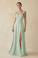 Sage Ruffled Chiffon A-Line Long Bridesmaid Dress (2) | KISSBRIDAL