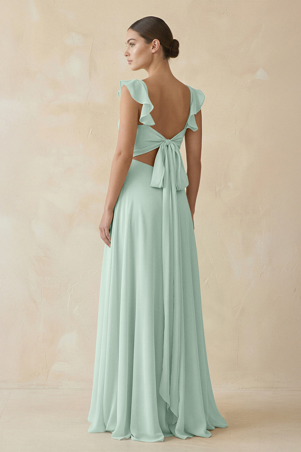 Ruffled Chiffon A-Line Long Bridesmaid Dress in Sage