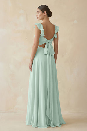 Sage Ruffled Chiffon A-Line Long Bridesmaid Dress (2) | KISSBRIDAL