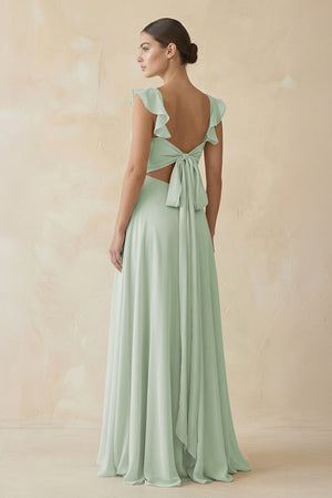 Sage Ruffled Chiffon A-Line Long Bridesmaid Dress | KISSBRIDAL