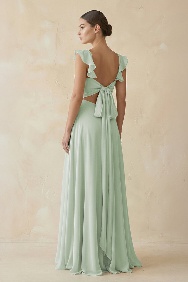 Sage Ruffled Chiffon A-Line Long Bridesmaid Dress | KISSBRIDAL
