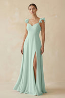 Sage Ruffled Chiffon A-Line Long Bridesmaid Dress | KISSBRIDAL