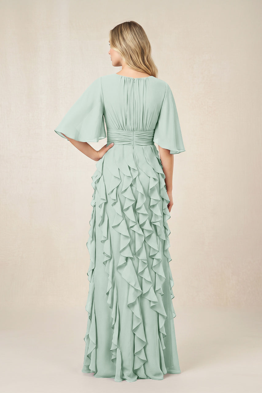Sage Ruffled Chiffon Half Sleeves A-Line Mother of the Bride Dress