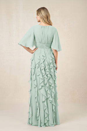 Sage Ruffled Chiffon Half Sleeves A-Line Mother of the Bride Dress (2) | KISSBRIDAL