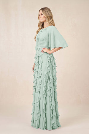 Sage Ruffled Chiffon Half Sleeves A-Line Mother of the Bride Dress (3) | KISSBRIDAL