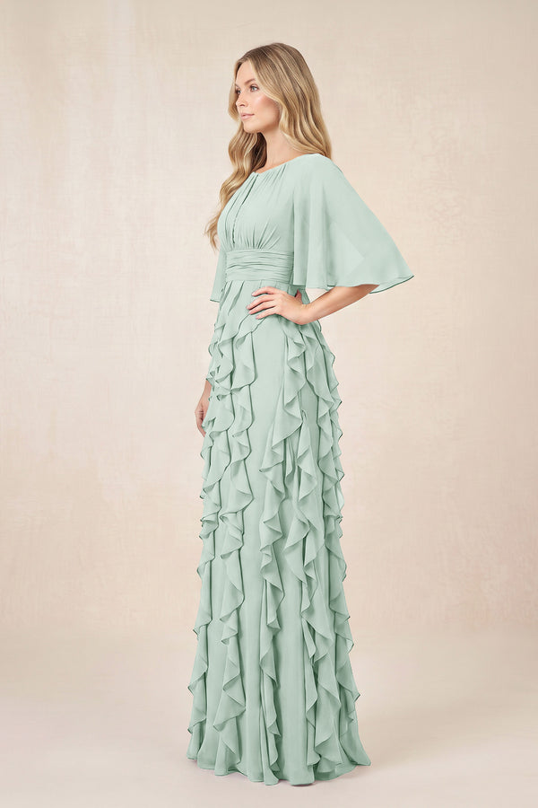 Sage Ruffled Chiffon Half Sleeves A-Line Mother of the Bride Dress (3) | KISSBRIDAL