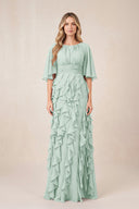 Sage Ruffled Chiffon Half Sleeves A-Line Mother of the Bride Dress | KISSBRIDAL