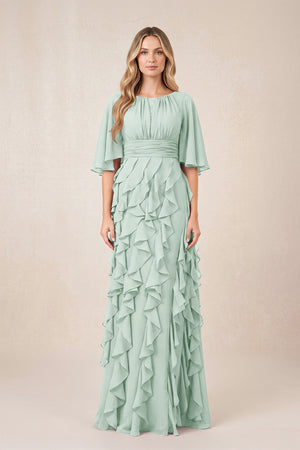 Sage Ruffled Chiffon Half Sleeves A-Line Mother of the Bride Dress | KISSBRIDAL