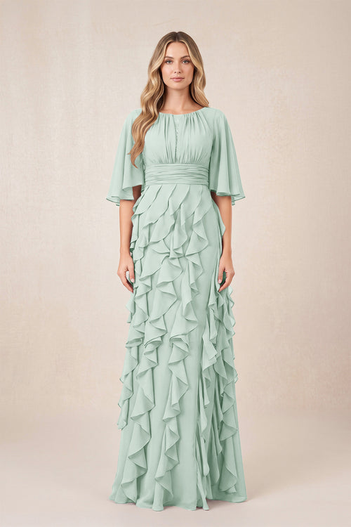 Sage Ruffled Chiffon Half Sleeves A-Line Mother of the Bride Dress | KISSBRIDAL