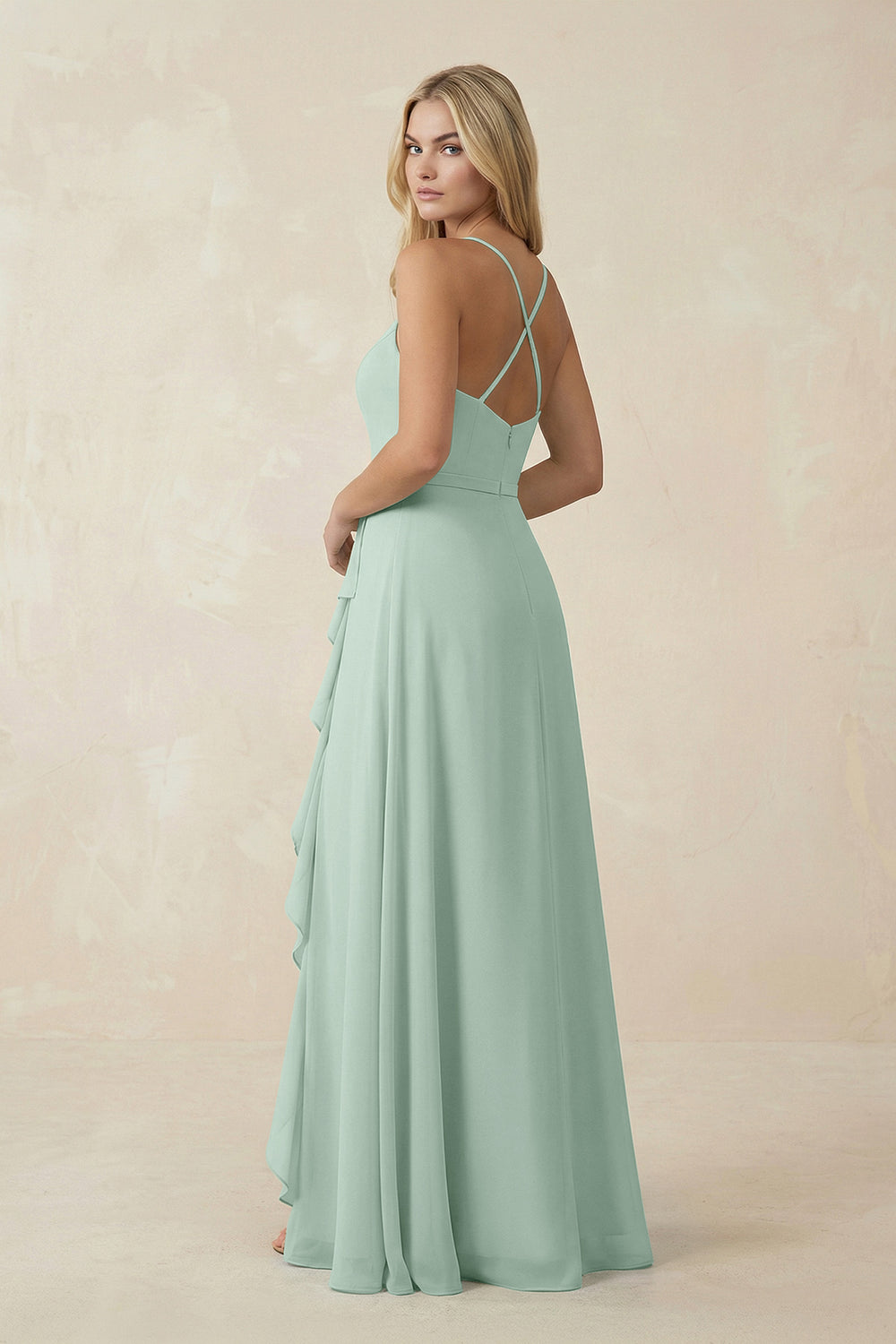 Ruffled Hem A-Line Chiffon Bridesmaid Dress in Sage