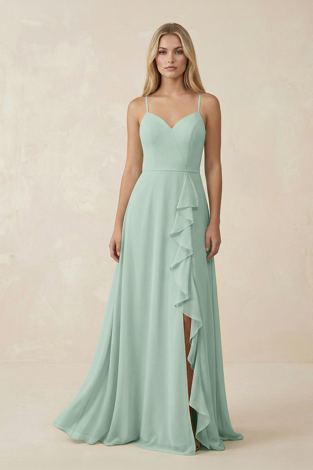 Ruffled Hem A-Line Chiffon Bridesmaid Dress in Sage