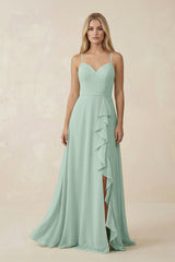 Sage Ruffled Hem A-Line Chiffon Bridesmaid Dress | KISSBRIDAL