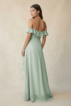 Sage Ruffled Off-the-Shoulder A-Line Chiffon Bridesmaid Dress (2) | KISSBRIDAL