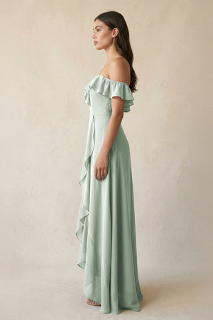 Sage Ruffled Off-the-Shoulder A-Line Chiffon Bridesmaid Dress (3) | KISSBRIDAL