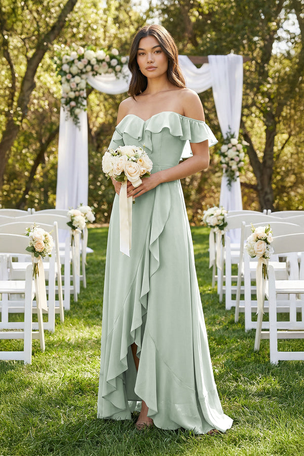 Sage Ruffled Off-the-Shoulder A-Line Chiffon Bridesmaid Dress (4) | KISSBRIDAL