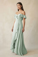 Sage Ruffled Off-the-Shoulder A-Line Chiffon Bridesmaid Dress | KISSBRIDAL