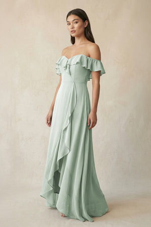Sage Ruffled Off-the-Shoulder A-Line Chiffon Bridesmaid Dress | KISSBRIDAL