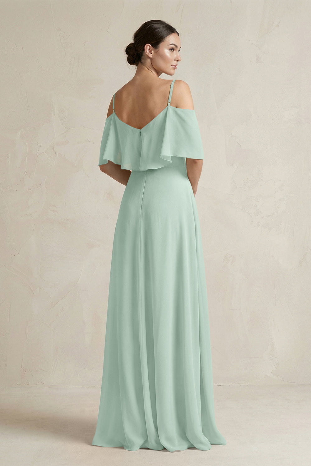 Ruffled Off-the-Shoulder A-Line Chiffon Bridesmaid Gown in Sage