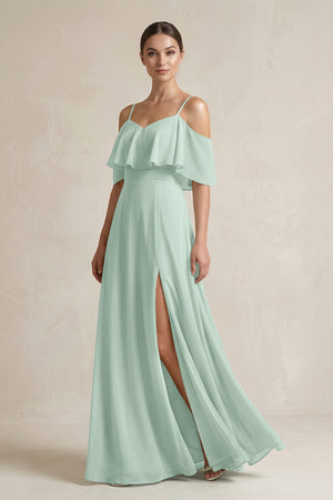 Sage Ruffled Off-the-Shoulder A-Line Chiffon Bridesmaid Gown | KISSBRIDAL