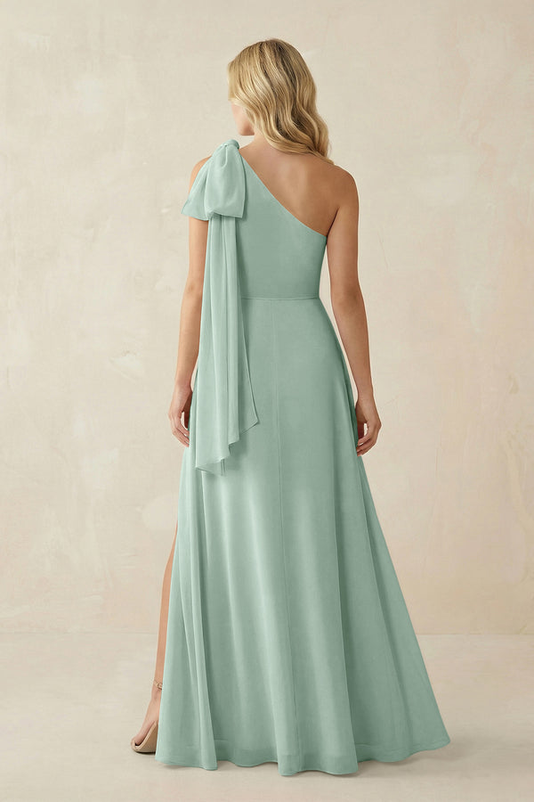 Sage Ruffled One Shoulder Chiffon Bridesmaid Dress With Slit in Sage (2) | KISSBRIDAL