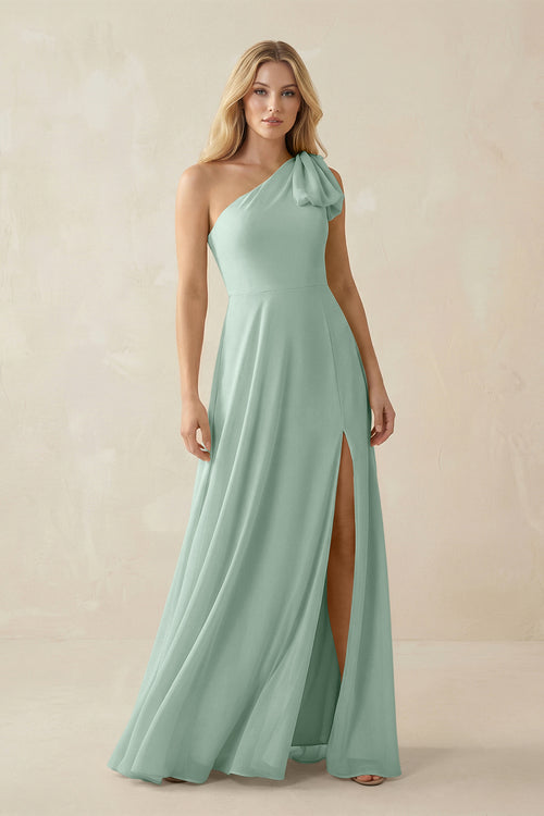 Sage Ruffled One Shoulder Chiffon Bridesmaid Dress With Slit in Sage | KISSBRIDAL
