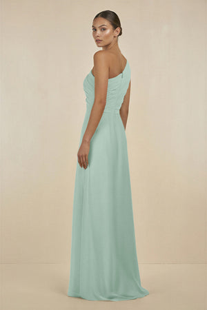 Sage Ruffled One-Shoulder Pleated Sheath Bridesmaid Dress (2) | KISSBRIDAL
