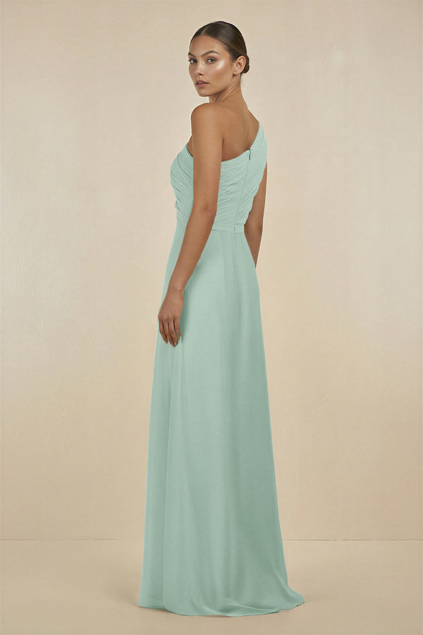 Sage Ruffled One-Shoulder Pleated Sheath Bridesmaid Dress (2) | KISSBRIDAL