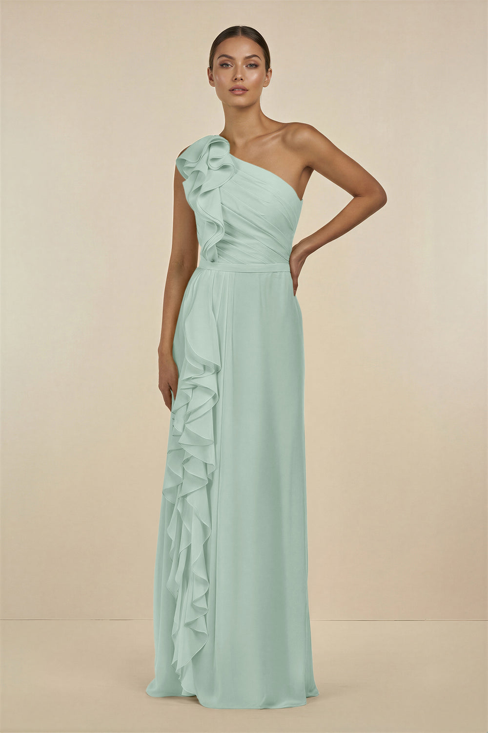 Ruffled One-Shoulder Pleated Sheath Bridesmaid Dress in Sage