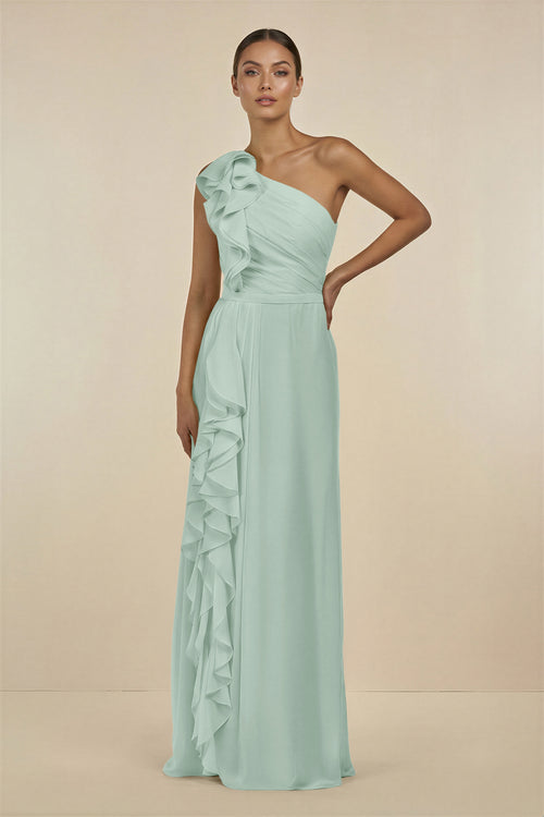 Sage Ruffled One-Shoulder Pleated Sheath Bridesmaid Dress | KISSBRIDAL