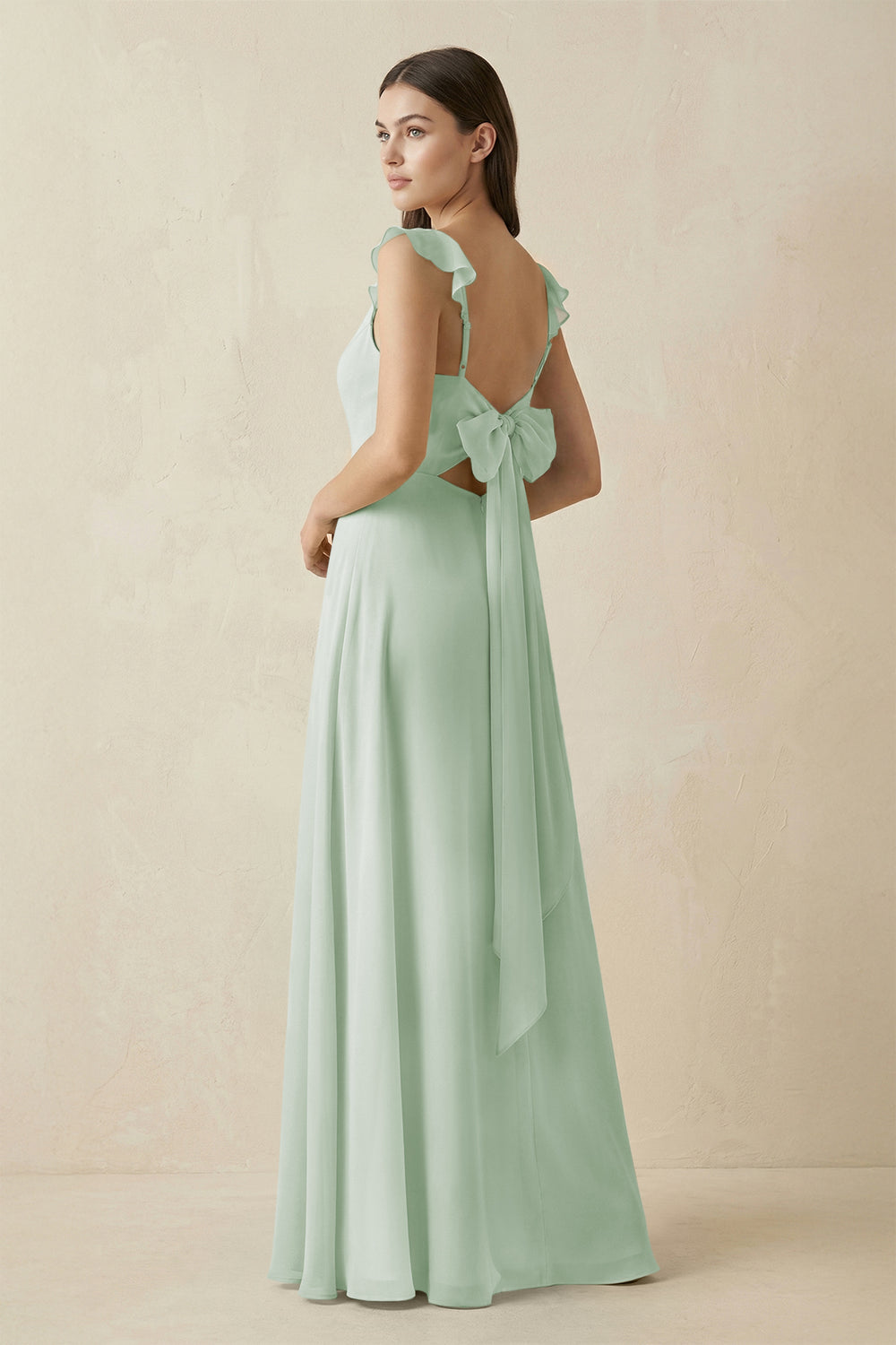 Ruffled Sleeve A-Line Chiffon Bridesmaid Dress in Sage