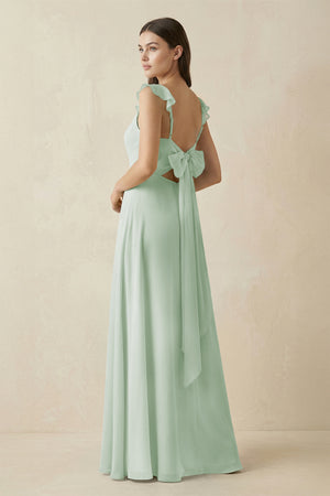 Sage Ruffled Sleeve A-Line Chiffon Bridesmaid Dress (2) | KISSBRIDAL
