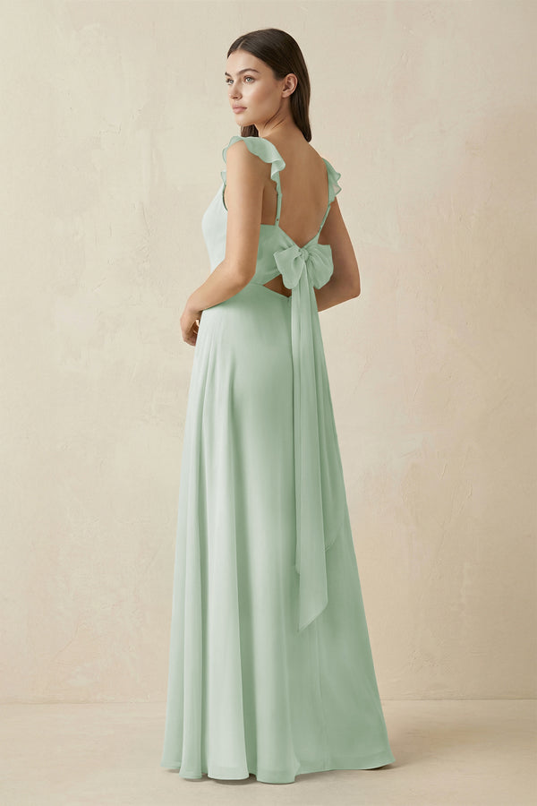 Sage Ruffled Sleeve A-Line Chiffon Bridesmaid Dress (2) | KISSBRIDAL