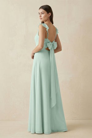 Sage Ruffled Sleeve A-Line Chiffon Bridesmaid Dress (2) | KISSBRIDAL