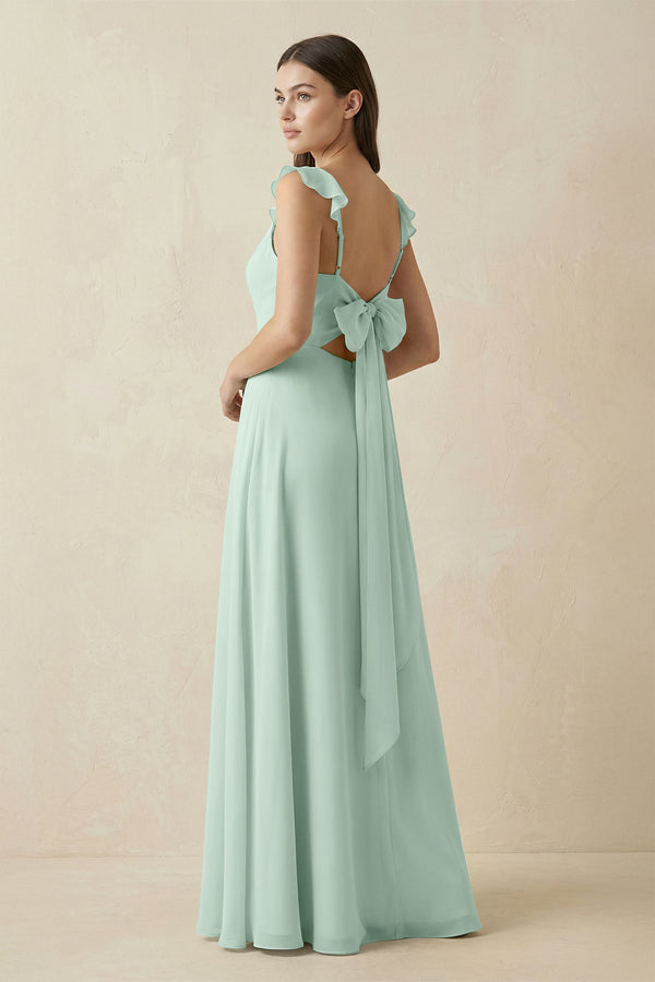 Sage Ruffled Sleeve A-Line Chiffon Bridesmaid Dress (2) | KISSBRIDAL