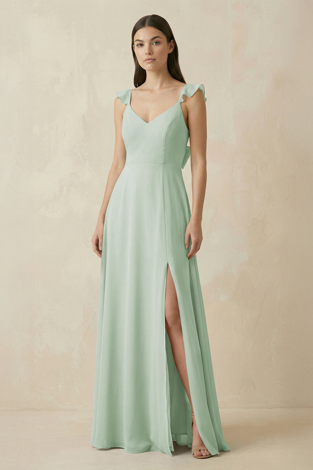 Ruffled Sleeve A-Line Chiffon Bridesmaid Dress in Sage