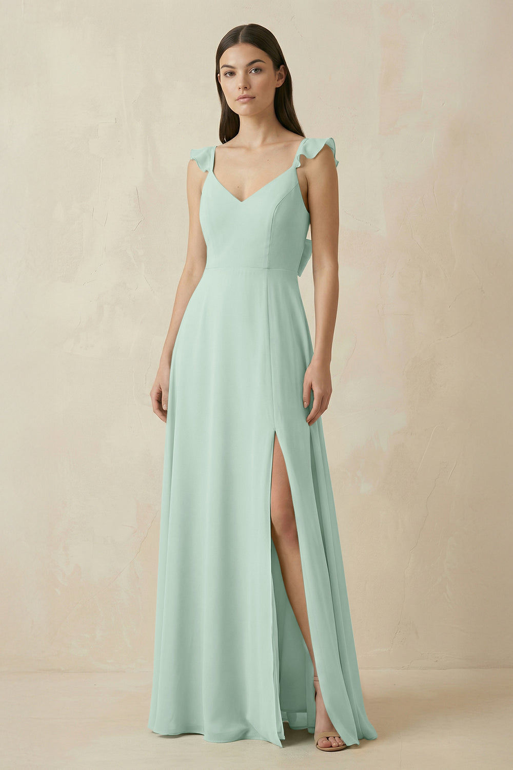 Ruffled Sleeve A-Line Chiffon Bridesmaid Dress in Sage