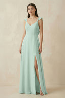 Sage Ruffled Sleeve A-Line Chiffon Bridesmaid Dress | KISSBRIDAL