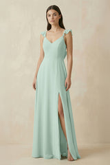 Sage Ruffled Sleeve A-Line Chiffon Bridesmaid Dress | KISSBRIDAL