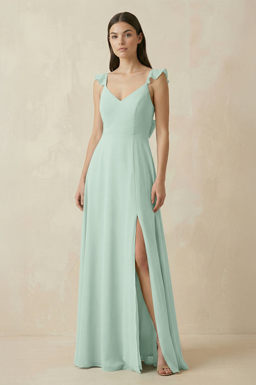 Sage Ruffled Sleeve A-Line Chiffon Bridesmaid Dress | KISSBRIDAL