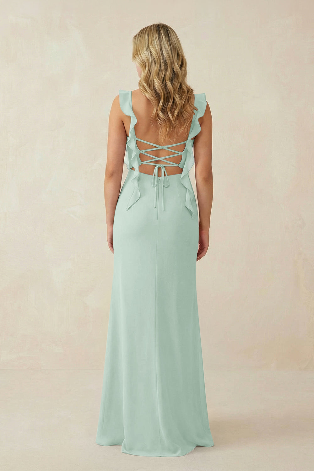 Ruffled Sleeve Ruched Sheath Chiffon Bridesmaid Dress in Sage