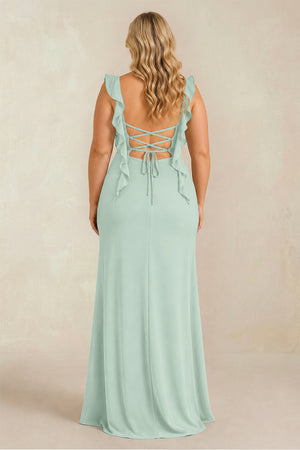 Sage Ruffled Sleeve Ruched Sheath Chiffon Bridesmaid Dress (2) [sizeplus] | KISSBRIDAL