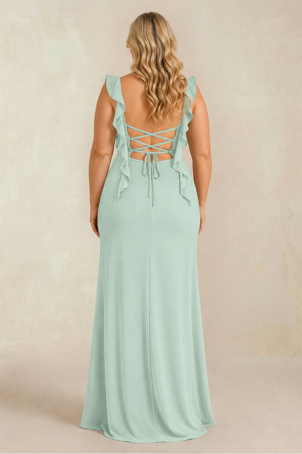 Sage Ruffled Sleeve Ruched Sheath Chiffon Bridesmaid Dress (2) [sizeplus] | KISSBRIDAL
