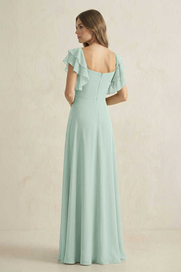 Sage Ruffled Sleeves A-Line Chiffon Bridesmaid Dress (2) | KISSBRIDAL