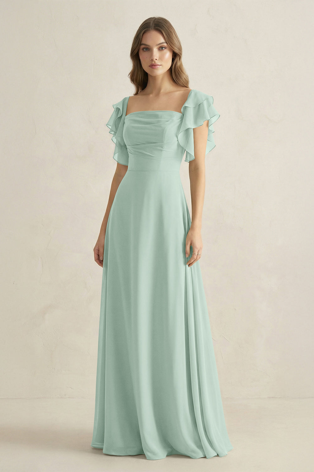 Ruffled Sleeves A-Line Chiffon Bridesmaid Dress in Sage