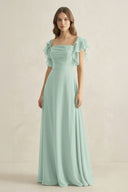 Sage Ruffled Sleeves A-Line Chiffon Bridesmaid Dress | KISSBRIDAL