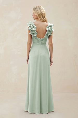 Sage Ruffled Sleeves A-Line Chiffon Sweetheart Bridesmaid Dress (2) | KISSBRIDAL