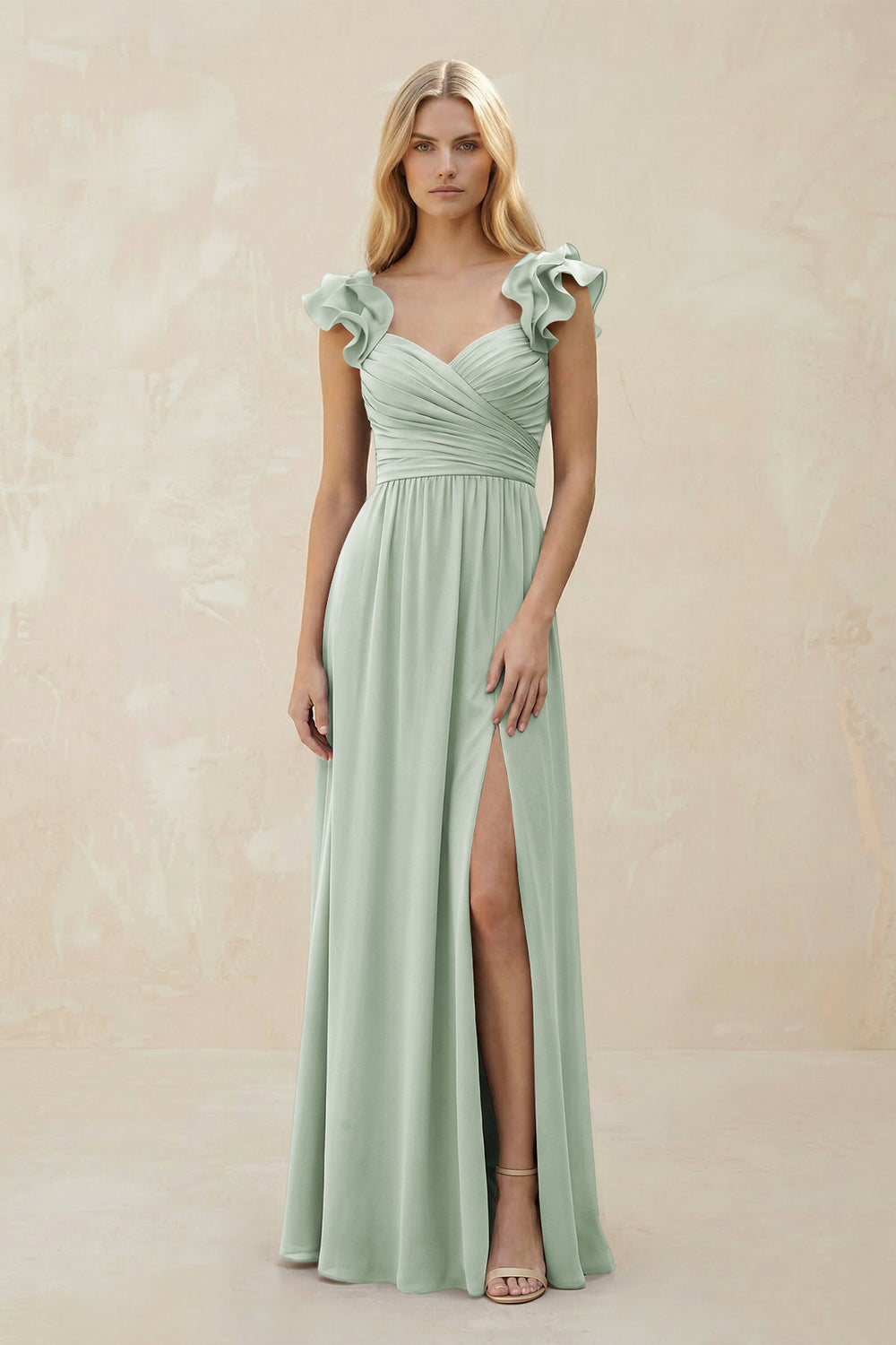 Ruffled Sleeves A-Line Chiffon Sweetheart Bridesmaid Dress in Sage