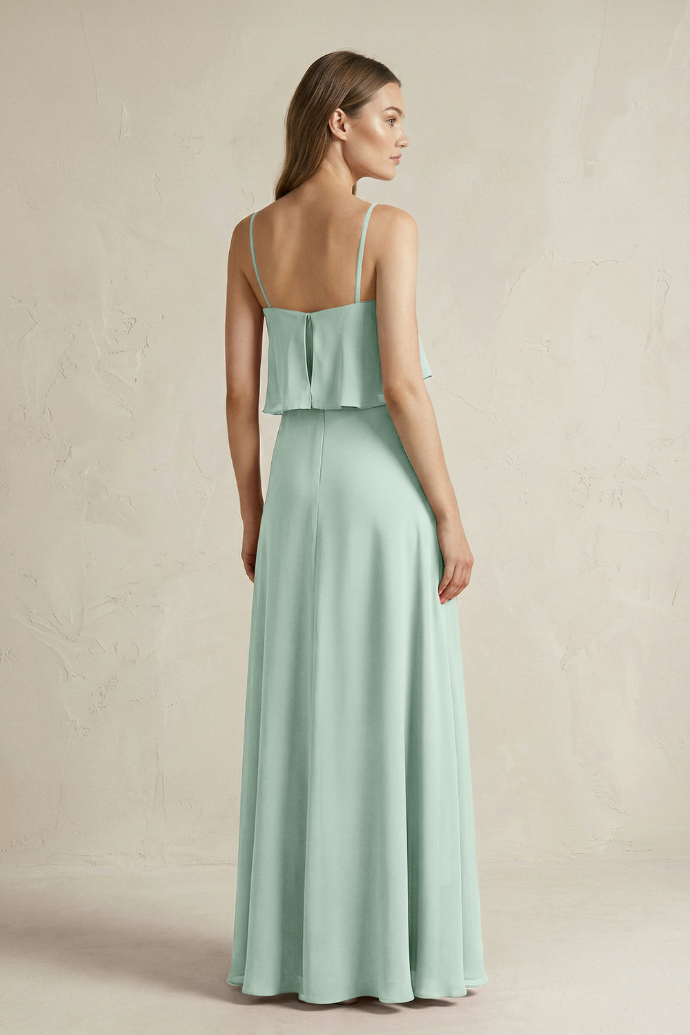Ruffled Spaghetti Strap A-Line Chiffon Bridesmaid Dress in Sage